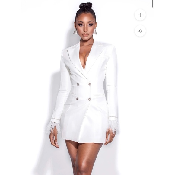 White Feather Crystal Sleeve Backless Blazer Dress - Picture 2 of 4